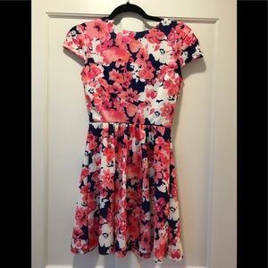 Party dress, blue and pink floral print
